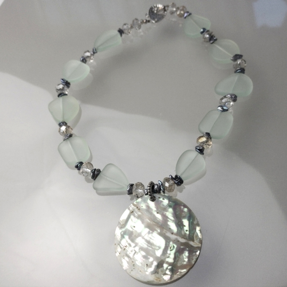Abalone Shell SeaGlass Necklace Unique Beautiful Front & Back Handmade w. Box